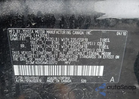 2010 Toyota Rav4 Sport from USA, damaged, VIN 2T3WF4DV0AW030912